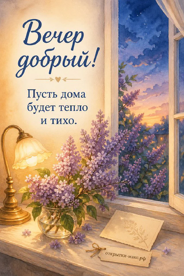 Белый кованый фонарь с горящей свечой, розовый плед и чашка чая в центре венка из цветущих веток на закатном фоне — вариант 7