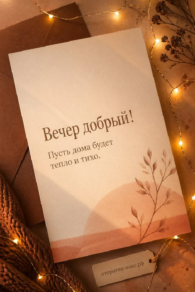 Белый кованый фонарь с горящей свечой, розовый плед и чашка чая в центре венка из цветущих веток на закатном фоне — вариант 8