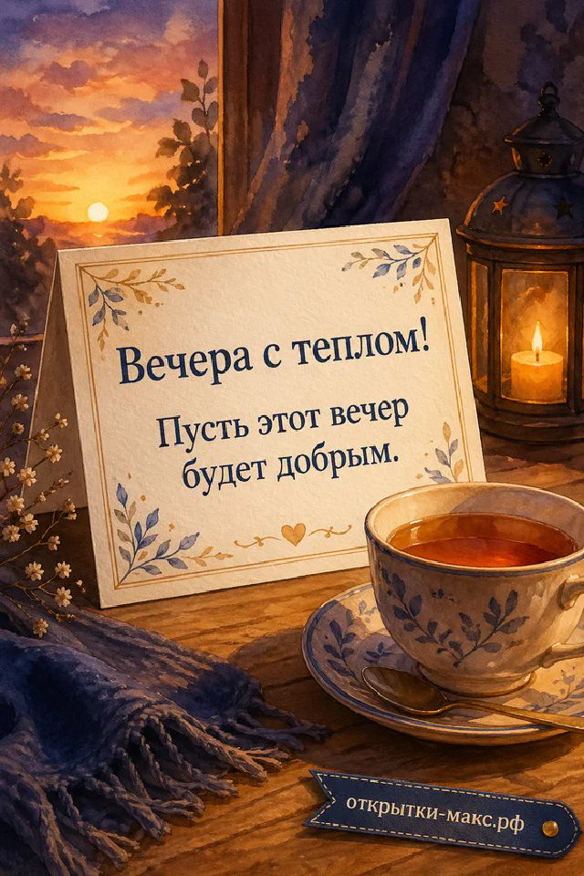 Подоконник с чашкой чая и настольной лампой на фоне закатного вечернего города с луной — вариант 5