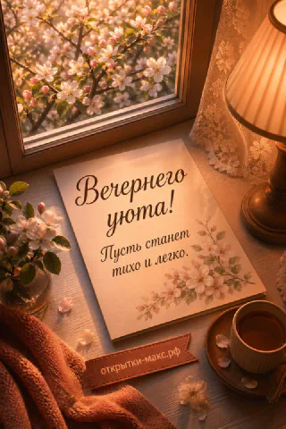 Карточка «Вечернего уюта!» с яблоневым цветом у весеннего окна с цветущей яблоней, настольная лампа и чашка