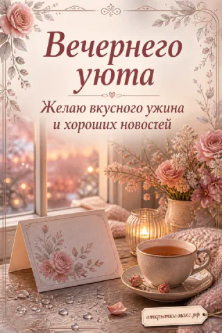 Нежные розовые цветы у вечернего окна, открытка с акварельной розой и фарфоровая чашка с чаем
