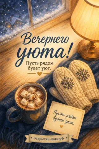 Городские огни за окном и уютная открытка на столе