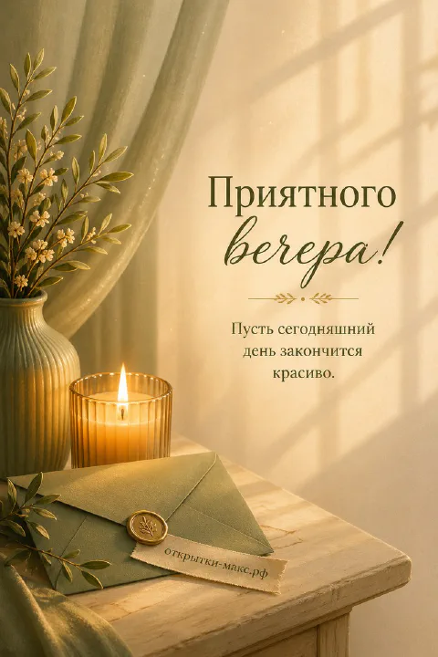 Зелёный конверт с золотым сургучом, горящая свеча в стеклянном стакане и вазочка с мелкими цветами