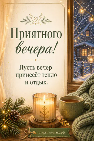 Карточка с текстом, горящая свеча, кружка с чаем и ветка ели у заснеженного вечернего окна