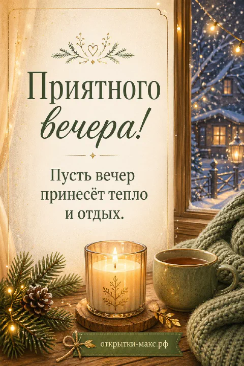 Карточка с текстом, горящая свеча, кружка с чаем и ветка ели у заснеженного вечернего окна