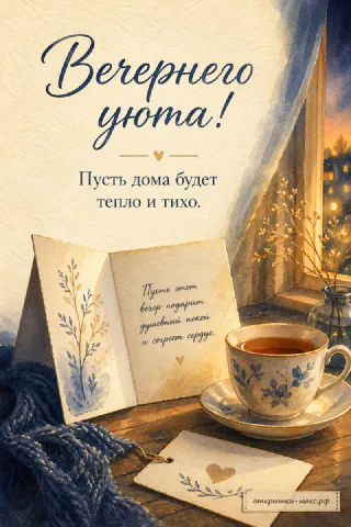 Открытая книга с акварельным рисунком и пожеланием, фарфоровая чашка с голубым узором