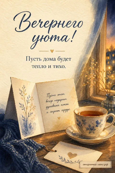 Открытая книга с акварельным рисунком и пожеланием, фарфоровая чашка с голубым узором