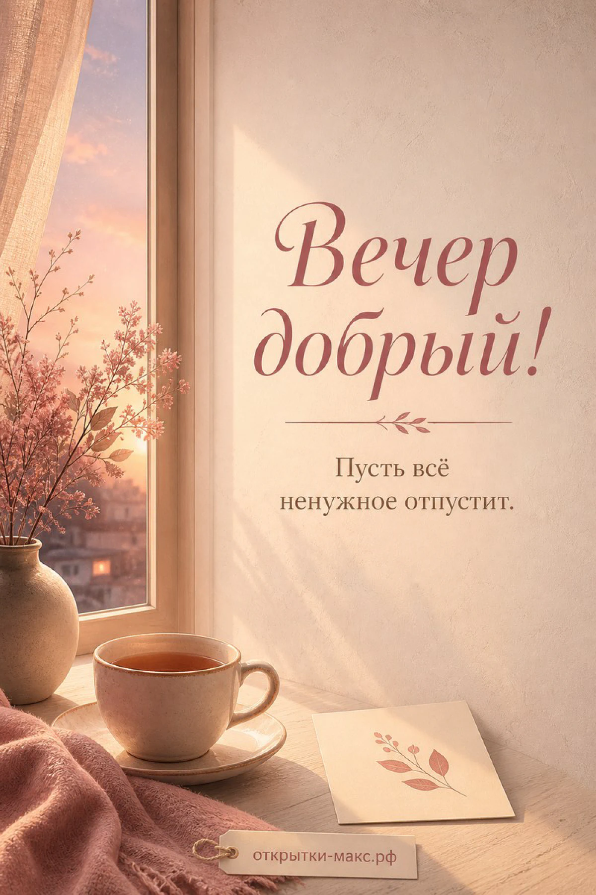 Городские огни за окном и уютная открытка на столе