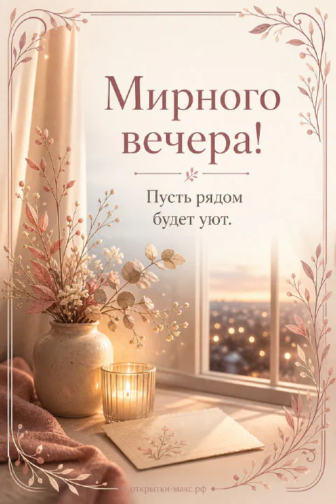 Бежевая ваза с осенними сухоцветами и конверт у розового подоконника с закатным городским окном, свеча в рифлёном стакане