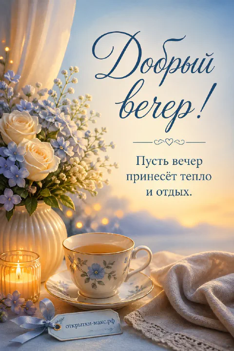 Белая ваза с пышным букетом белых роз и голубых цветов, фарфоровая чашка с голубым узором и свеча у светлого окна