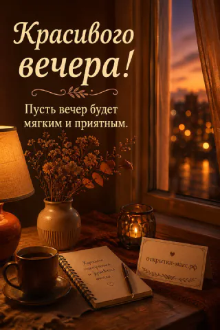 Тёмно-коричневый ежедневник с ручкой, кружка чая, свеча в стакане и ваза с сухоцветами у закатного городского окна