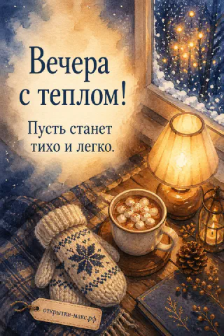Акварельная зимняя сцена: горячий какао, варежки и горящая лампа на фоне снежного окна