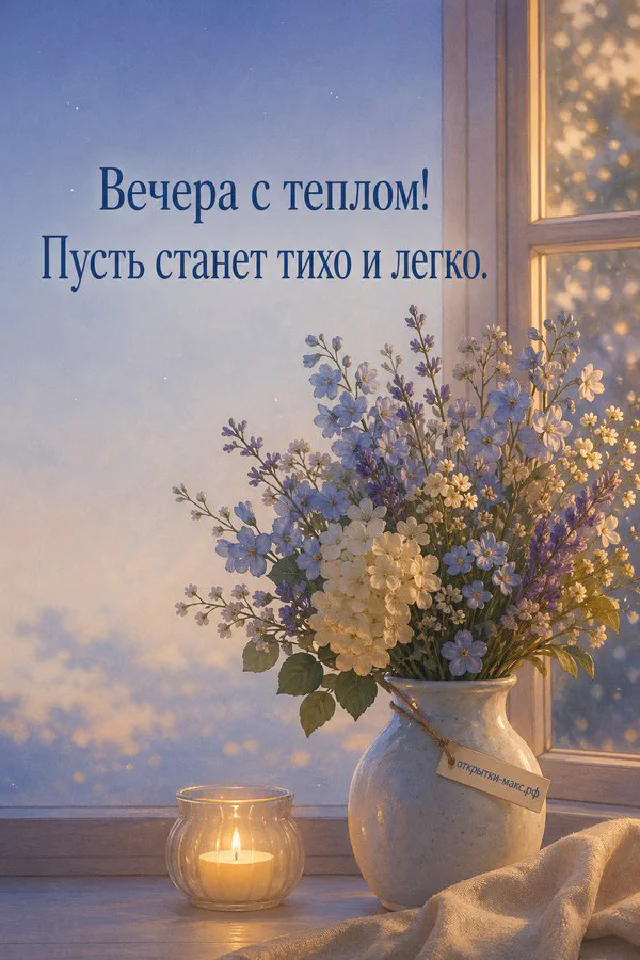 Акварельная зимняя сцена: горячий какао, варежки и горящая лампа на фоне снежного окна — вариант 2