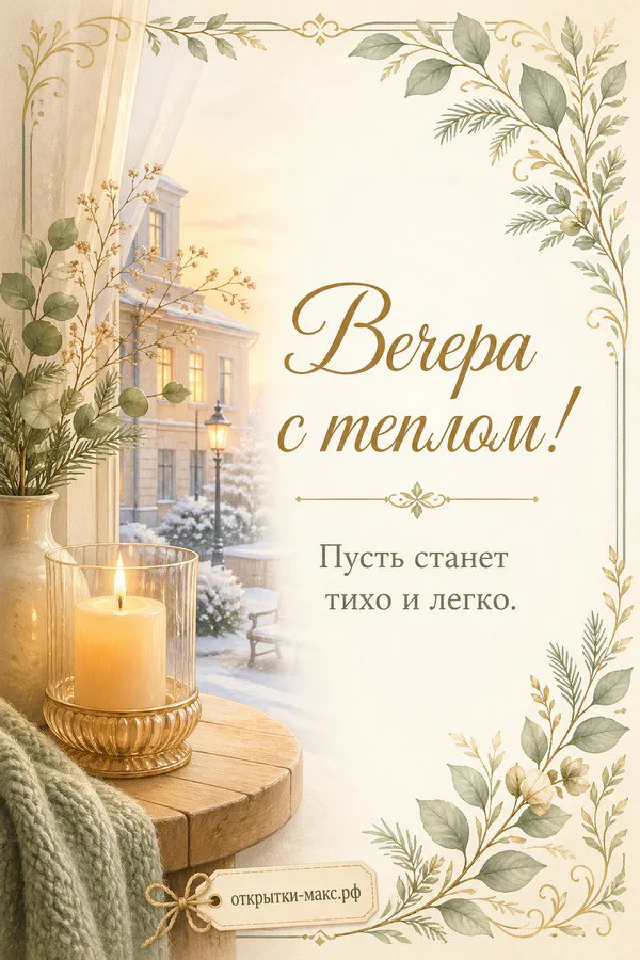 Акварельная зимняя сцена: горячий какао, варежки и горящая лампа на фоне снежного окна — вариант 3