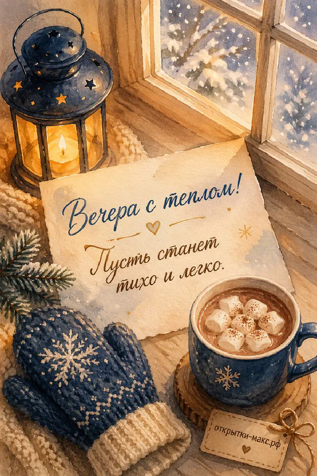 Акварельная зимняя сцена: горячий какао, варежки и горящая лампа на фоне снежного окна — вариант 5