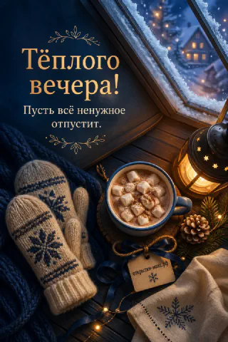 Чашка какао с маршмэллоу, варежки и фонарь на фоне заснеженного окна