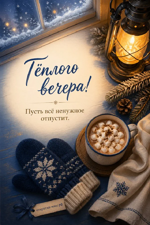 Чашка какао с маршмэллоу, варежки и фонарь на фоне заснеженного окна — вариант 2