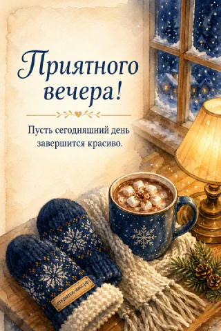 Акварельный рисунок: синие варежки и кружка какао с зефирками на фоне зимнего окна с лампой