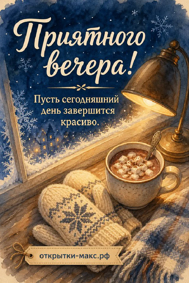 Акварельный рисунок: синие варежки и кружка какао с зефирками на фоне зимнего окна с лампой — вариант 2