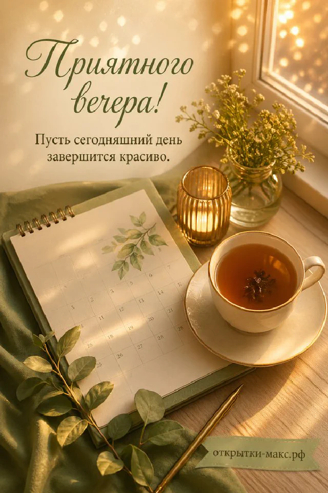 Акварельный рисунок: синие варежки и кружка какао с зефирками на фоне зимнего окна с лампой — вариант 4