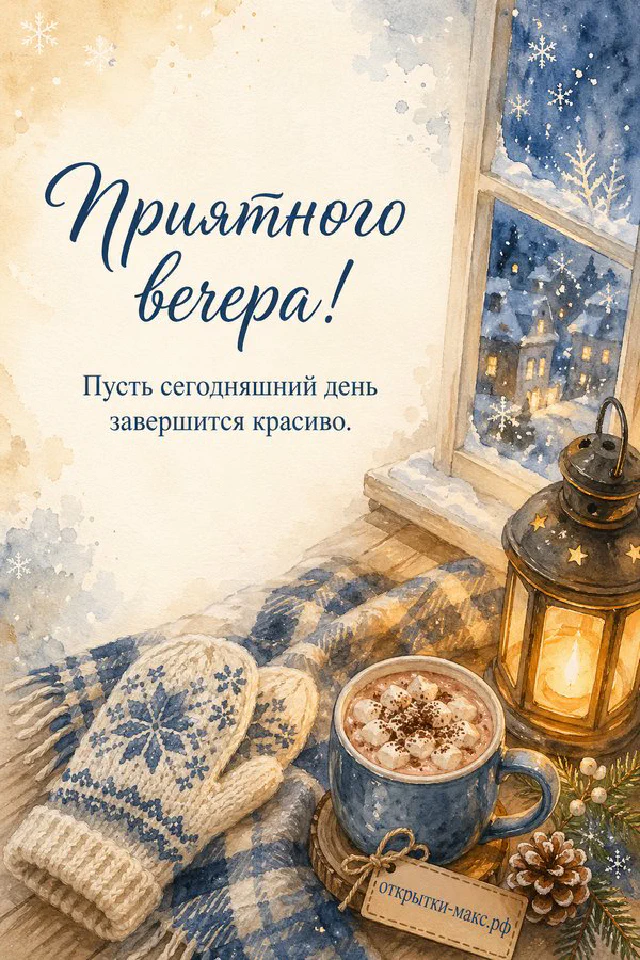 Акварельный рисунок: синие варежки и кружка какао с зефирками на фоне зимнего окна с лампой — вариант 5