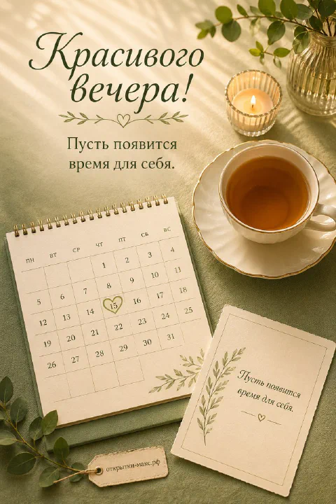 Настольный календарь с сердечком на дате, чашка чая и свеча в стакане на зелёном столе с веточками зелени