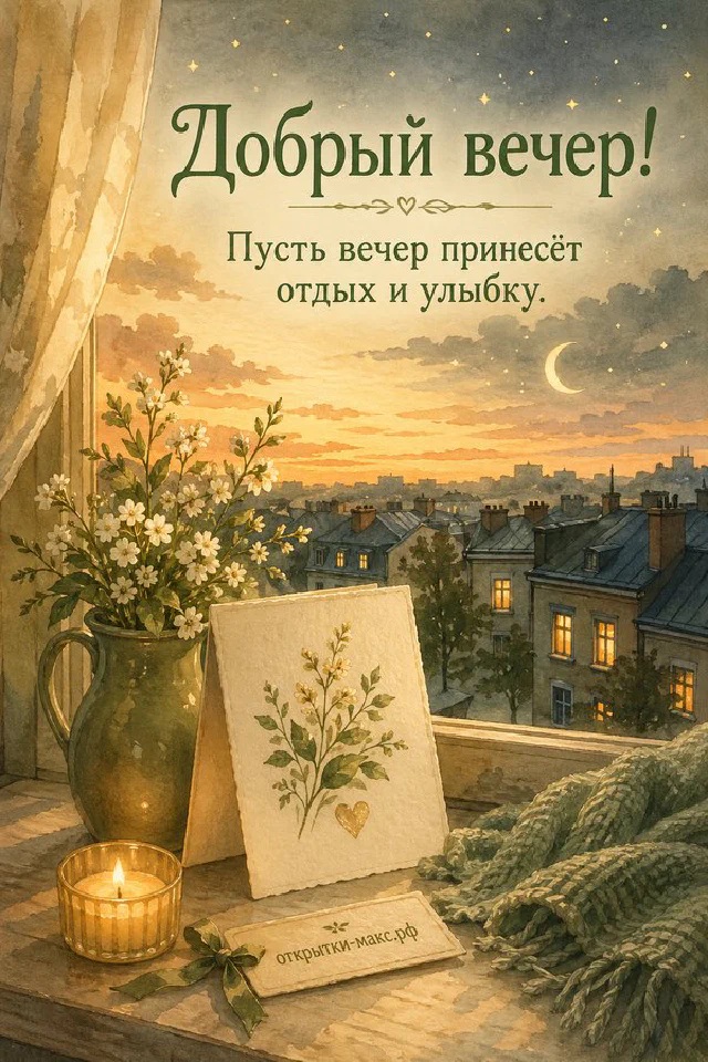 Карточка с нарисованным цветком и надписью Добрый вечер рядом с кружкой чая в золотистом закатном свете — вариант 2