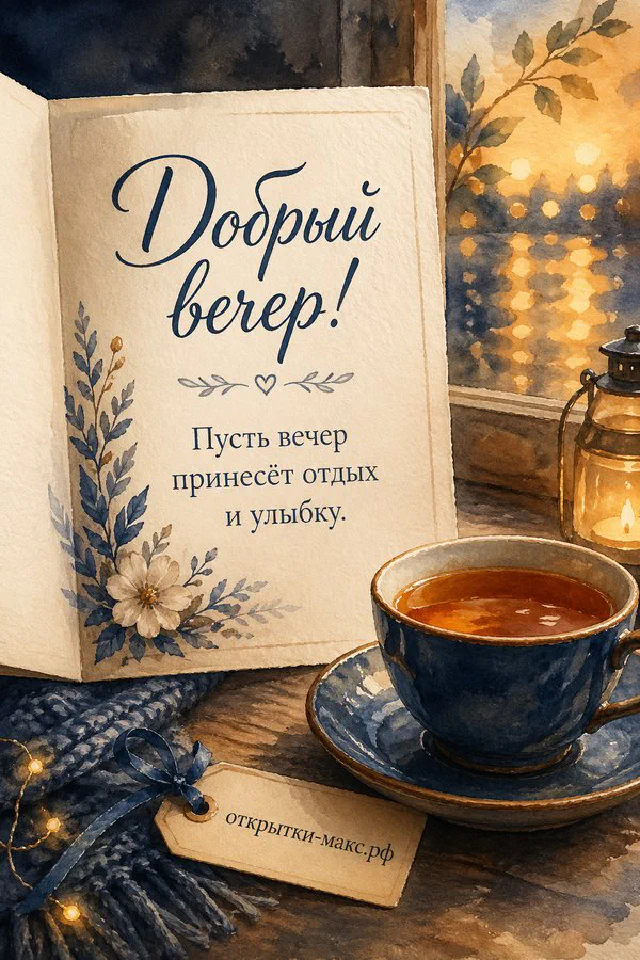 Карточка с нарисованным цветком и надписью Добрый вечер рядом с кружкой чая в золотистом закатном свете — вариант 3