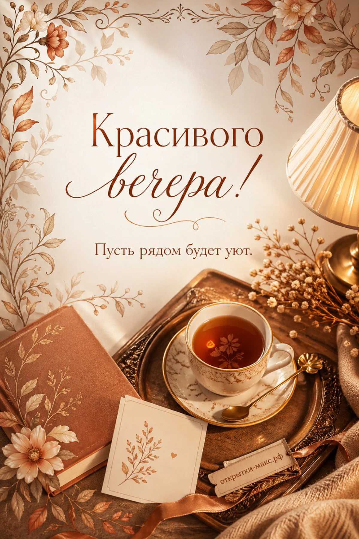 Раскрытая книга, чашка чая на золотом подносе и включённая настольная лампа на деревянном столе среди осенних цветов