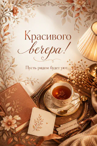Раскрытая книга, чашка чая на золотом подносе и включённая настольная лампа на деревянном столе среди осенних цветов