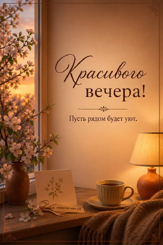 Раскрытая книга, чашка чая на золотом подносе и включённая настольная лампа на деревянном столе среди осенних цветов — вариант 2
