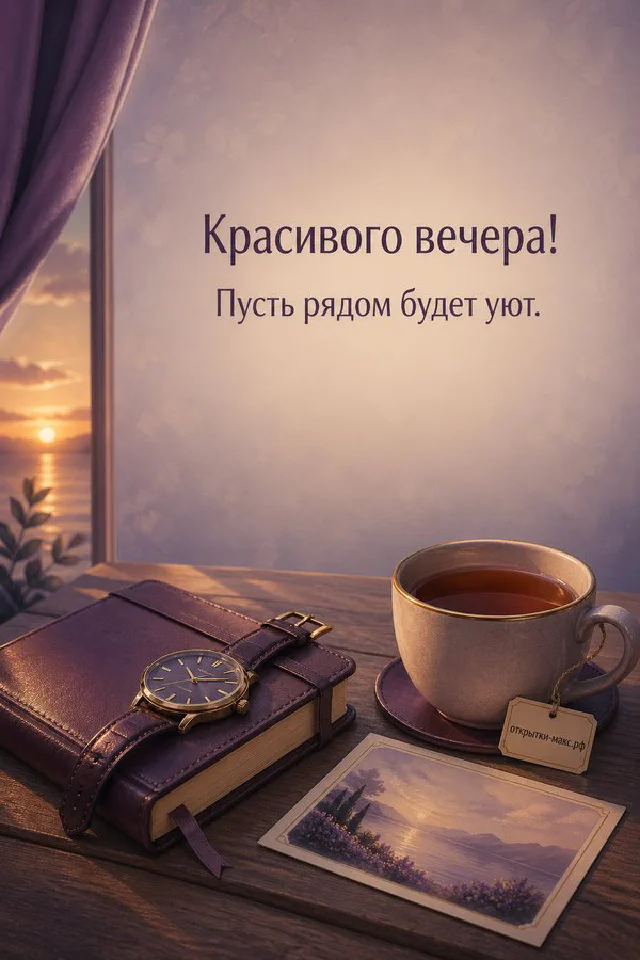 Раскрытая книга, чашка чая на золотом подносе и включённая настольная лампа на деревянном столе среди осенних цветов — вариант 3