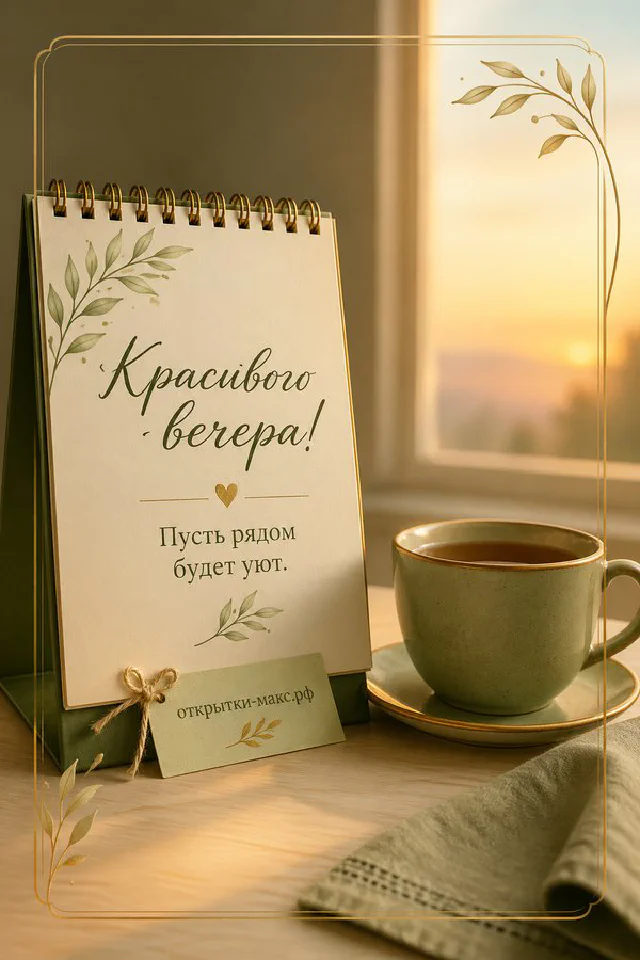 Раскрытая книга, чашка чая на золотом подносе и включённая настольная лампа на деревянном столе среди осенних цветов — вариант 4