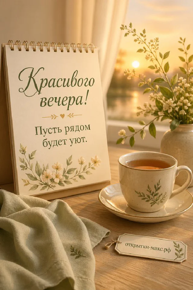 Раскрытая книга, чашка чая на золотом подносе и включённая настольная лампа на деревянном столе среди осенних цветов — вариант 6