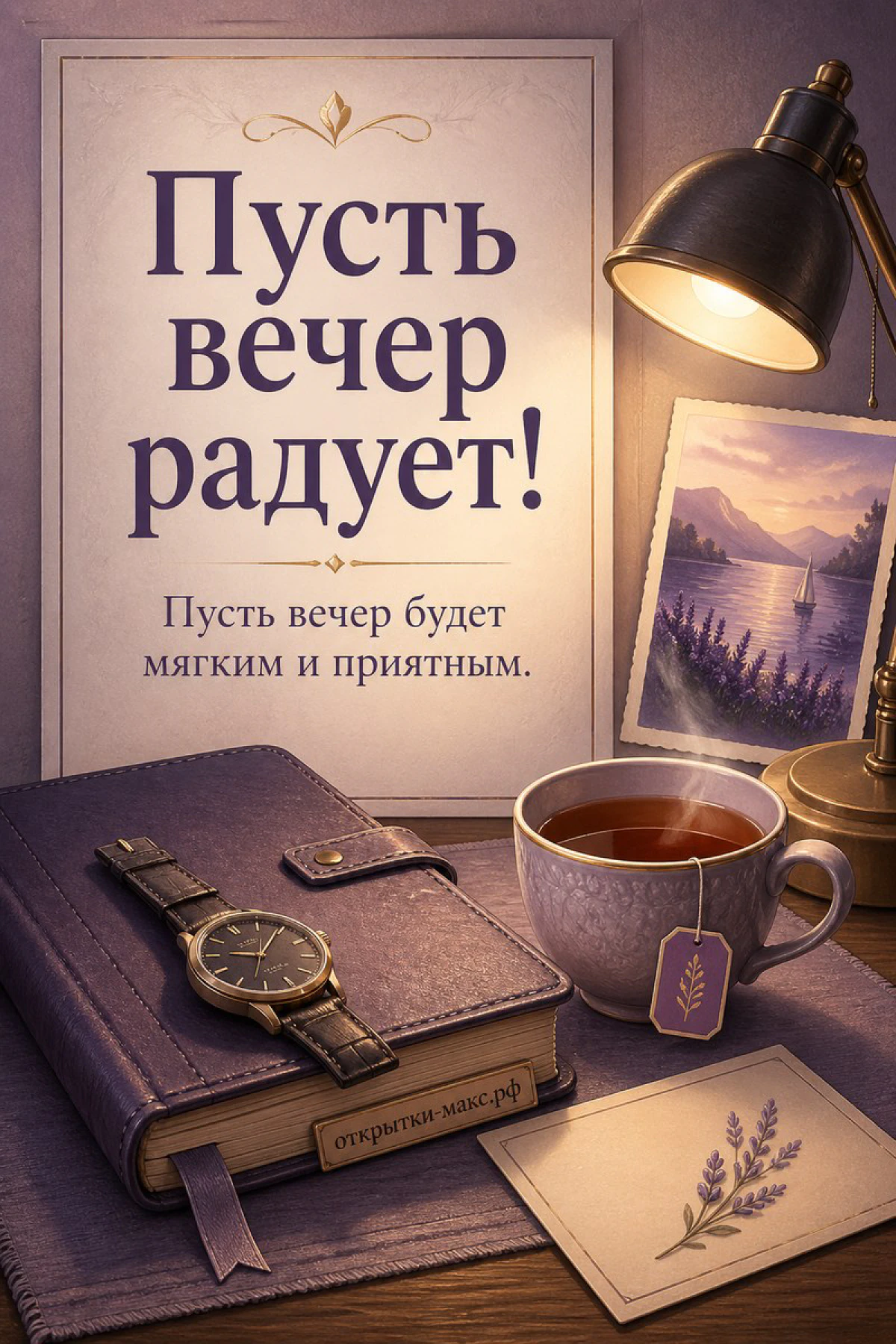 Кожаный ежедневник с часами и чашка чая под настольной лампой на фоне картины с озером