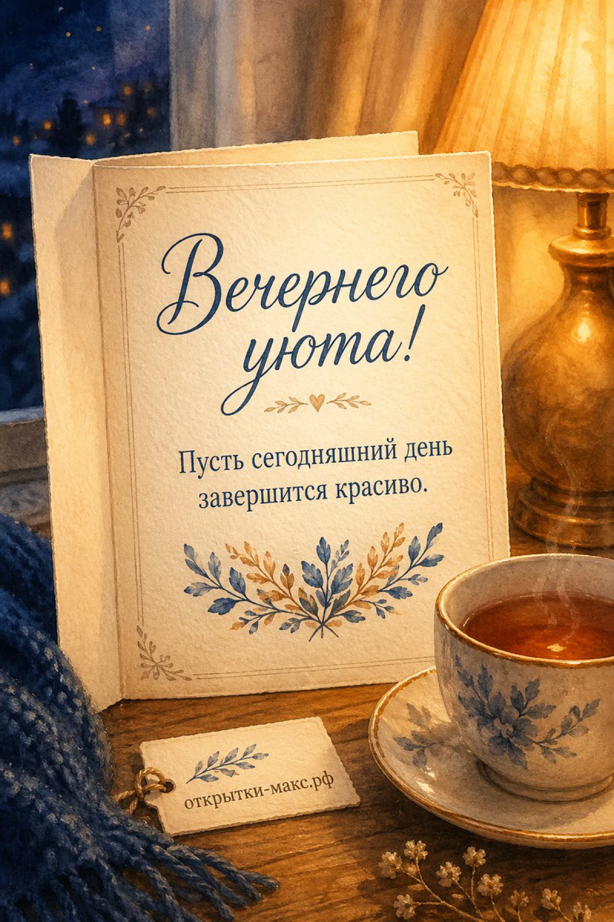Книга-открытка с синим цветочным орнаментом, чашка чая и настольная лампа у тёмного окна