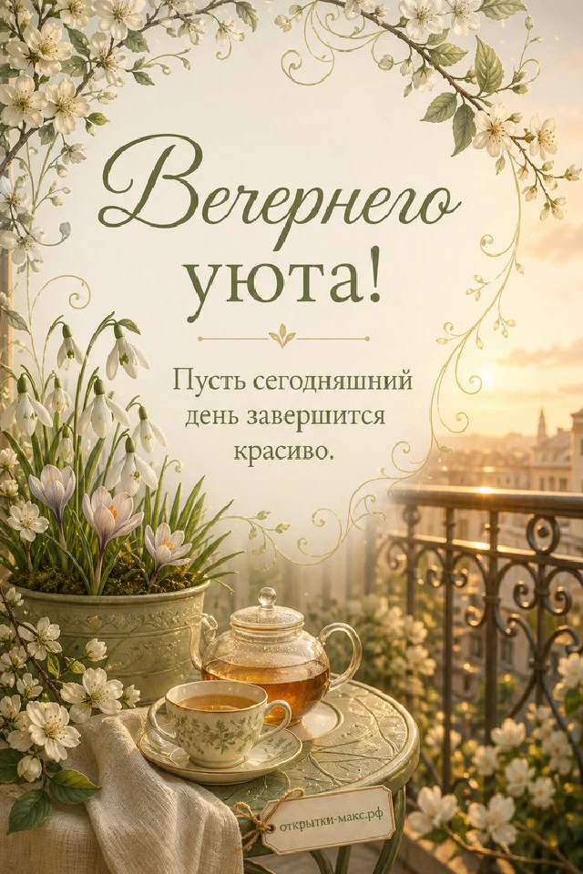 Книга-открытка с синим цветочным орнаментом, чашка чая и настольная лампа у тёмного окна — вариант 2