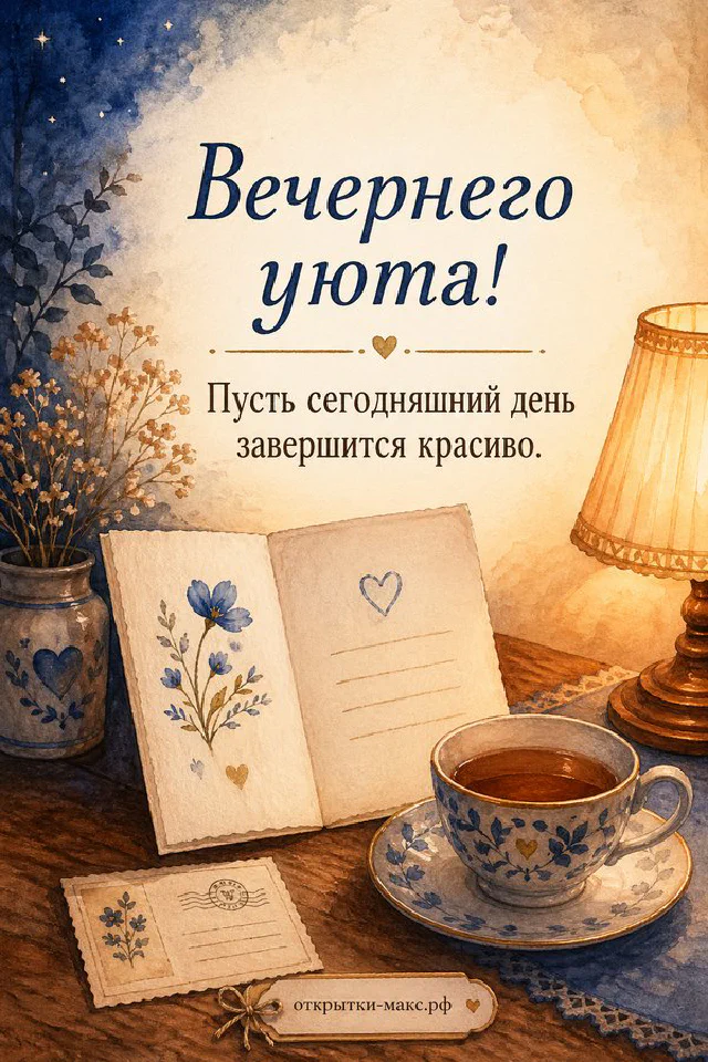 Книга-открытка с синим цветочным орнаментом, чашка чая и настольная лампа у тёмного окна — вариант 3