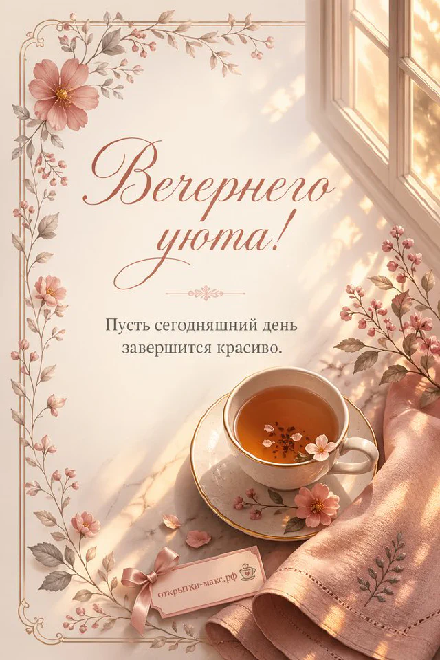 Книга-открытка с синим цветочным орнаментом, чашка чая и настольная лампа у тёмного окна — вариант 4