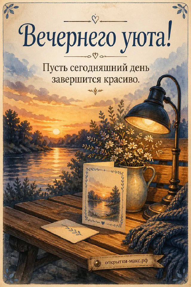 Книга-открытка с синим цветочным орнаментом, чашка чая и настольная лампа у тёмного окна — вариант 6