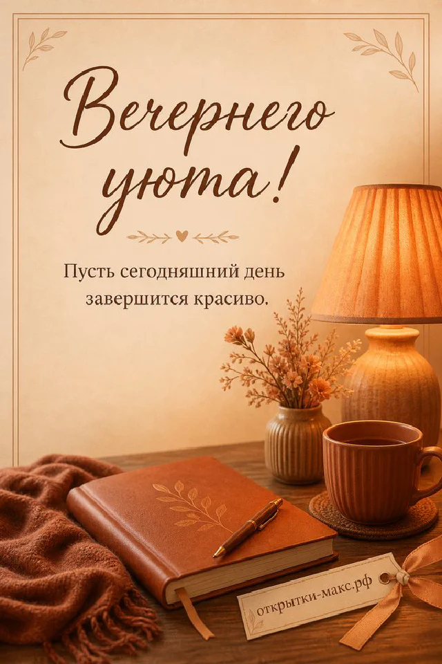 Книга-открытка с синим цветочным орнаментом, чашка чая и настольная лампа у тёмного окна — вариант 7