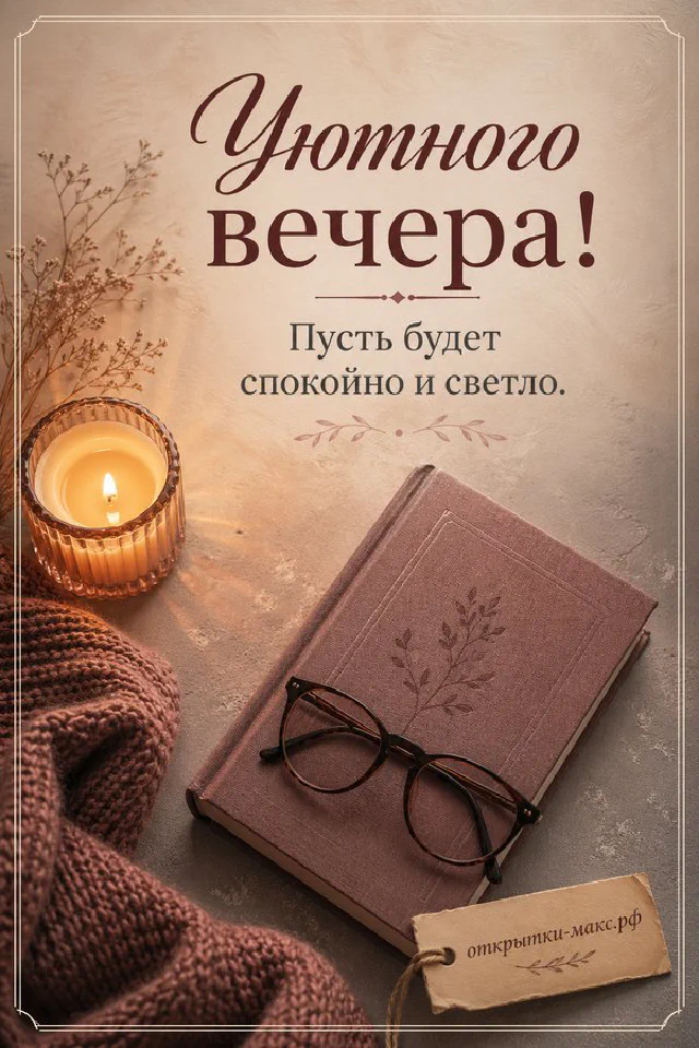 Акварельная открытка с книгой, пледом и настольной лампой на деревянном столе — вариант 4