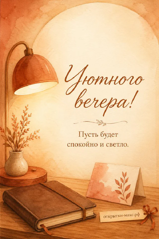 Акварельная открытка с книгой, пледом и настольной лампой на деревянном столе — вариант 5