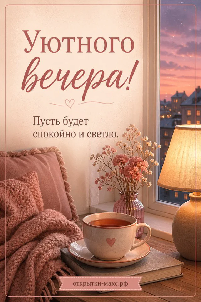 Акварельная открытка с книгой, пледом и настольной лампой на деревянном столе — вариант 6