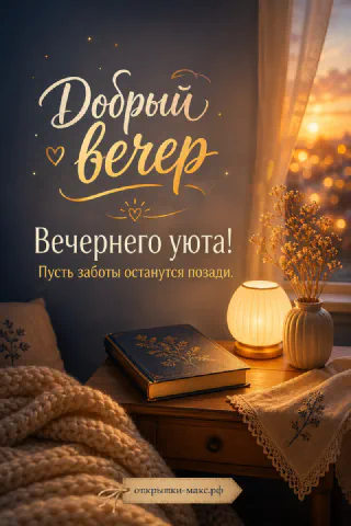Прикроватный столик с ночником, книгой и гипсофилой на фоне золотого заката за окном с надписью Добрый вечер