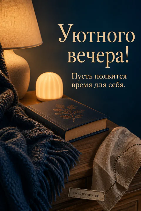 Книга с гравюрой листа и маленький светящийся ночник на тёмном синем фоне с пледом