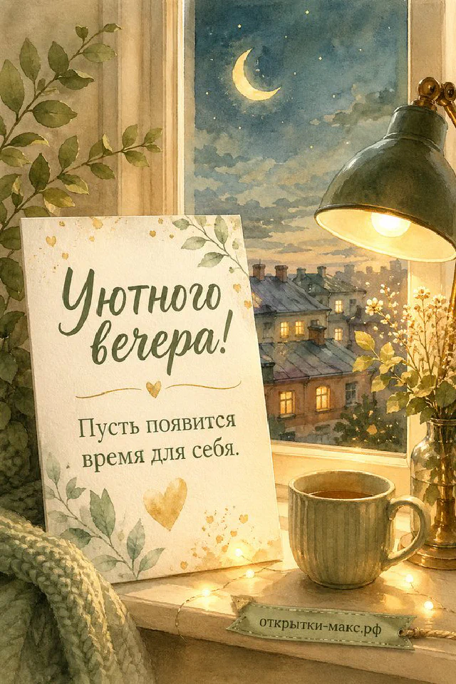 Книга с гравюрой листа и маленький светящийся ночник на тёмном синем фоне с пледом — вариант 8