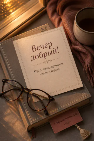 Кожаная коричневая книга с очками и карточкой «Вечер добрый» рядом с чашкой кофе и оранжевым пледом