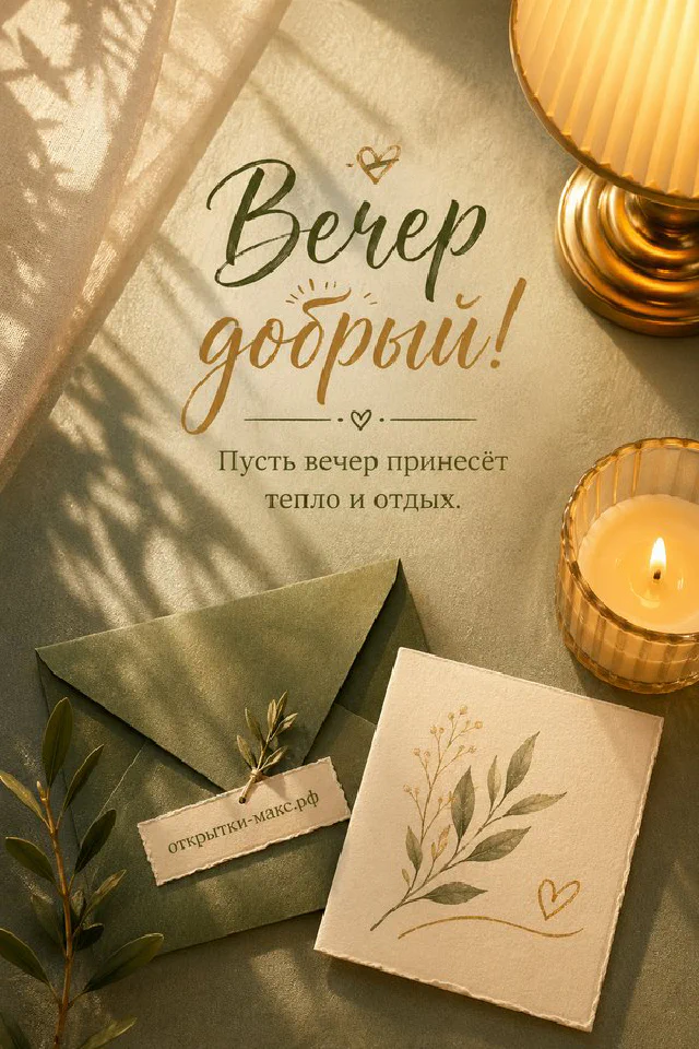 Кожаная коричневая книга с очками и карточкой «Вечер добрый» рядом с чашкой кофе и оранжевым пледом — вариант 2