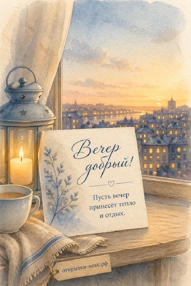 Кожаная коричневая книга с очками и карточкой «Вечер добрый» рядом с чашкой кофе и оранжевым пледом — вариант 3